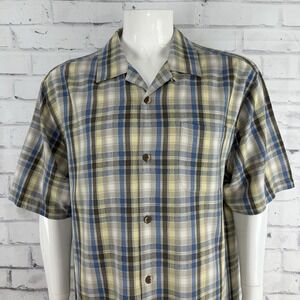 Tommy Bahama Shirt Men's Large 100% Silk Button Up Camp Hawaiian Plaid Blue‎